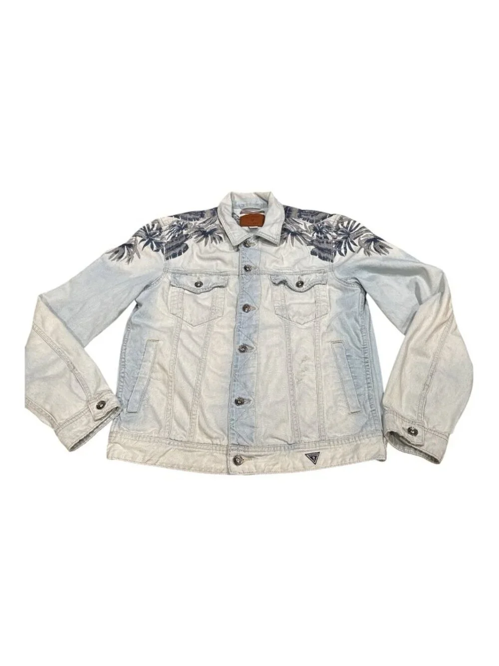 Guess Dillon Distressed Jean Jacket Floral Embroidery Hawaiian Men’s Large